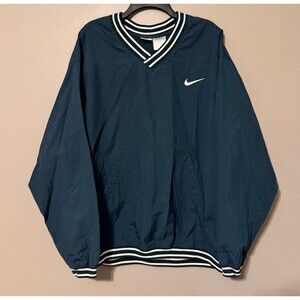 Vintage 90s Nike V-Neck Windbreaker Pullover Forest Green Striped Trim Mens XL